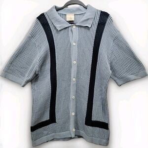Massive Luxury Polo Cardigan Sweater Blue Stripe‎ Mens Large Crochet Knit Cotton